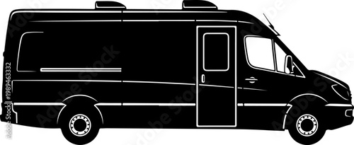 Black camper van, motorhome vehicle, side view, silhouette, white outline
