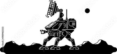 Robot, sci-fi, illustration, vector, black and white, futuristic, mechanical creature