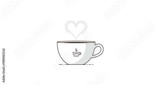 Simple line drawing of a coffee cup with steam forming a heart shape rising from it on a plain white background.