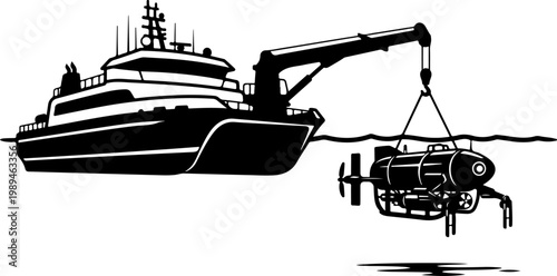 Black and white vector boat, lifting underwater remotely operated vehicle ROV, industrial offshore operation