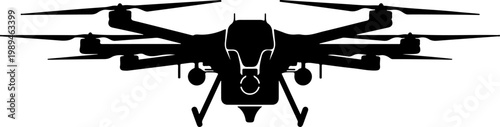 Black drone icon, aerial vehicle silhouette, quadcopter graphic, flying robot symbol