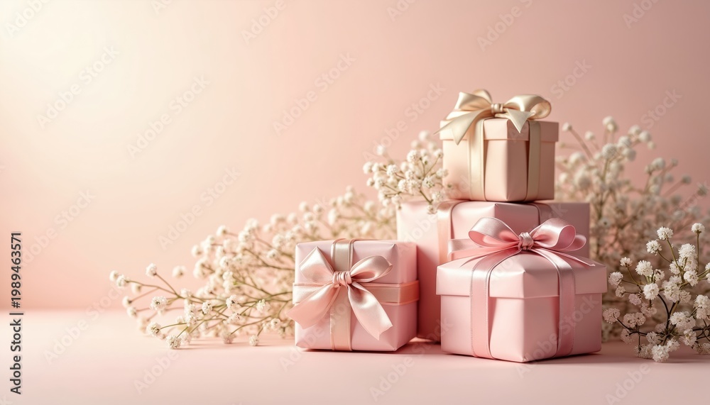 Fototapeta premium Neatly wrapped gift boxes tied with satin ribbons and delicate baby breath flowers. Presents arranged on a soft pastel pink background, conveying elegance and celebration. Ideal for any special event.