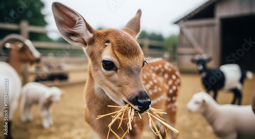 Young deer eating straw in a farm enclosure with other animals