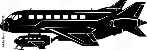 Airplane, jet, aircraft, transportation icons, black and white, vector graphics