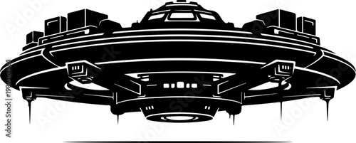Black and white UFO, futuristic spaceship, alien spacecraft, vector illustration