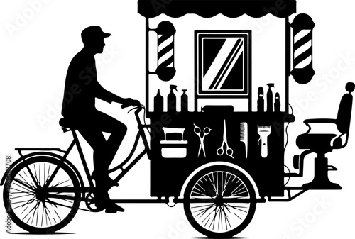 Barber, mobile barber shop, bicycle cart, black silhouette, vector illustration