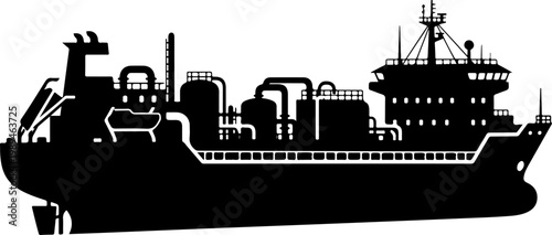 Industrial cargo ship, tanker vessel, black silhouette, industrial transport, maritime icon