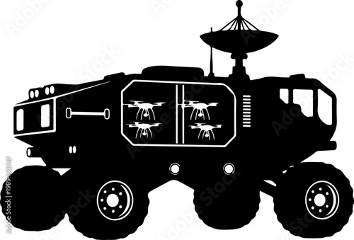 Military vehicle, drone carrier, black silhouette, futuristic transport, robotic delivery