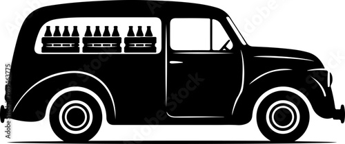 Vintage delivery van, wine transport, beverage truck, black silhouette
