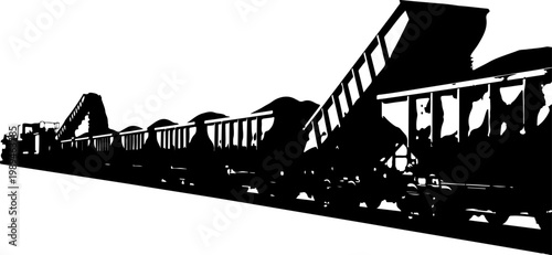 Industrial train, cargo train, railway silhouette, industrial transportation, black and white vector