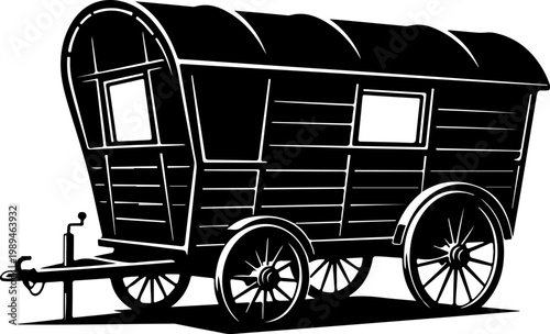 Vintage caravan, horse-drawn trailer, black illustration, travel transport