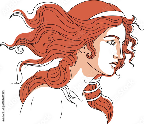 Classical profile illustration of a woman with long flowing red wavy hair and headband.
