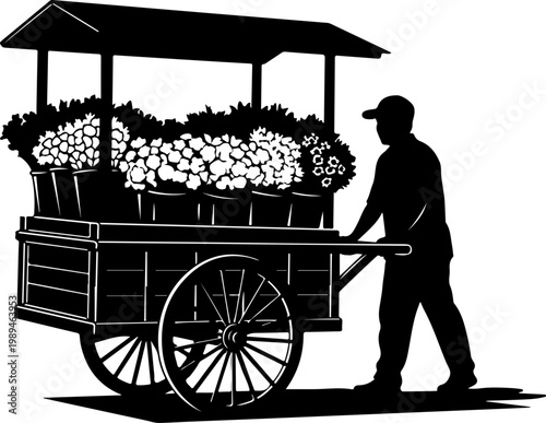 Black silhouette of man pushing flower cart, floral vendor, market stall, gardening illustration