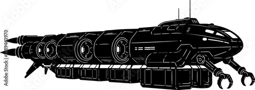 Futuristic spaceship, sci-fi vehicle, black illustration, space exploration, futuristic design