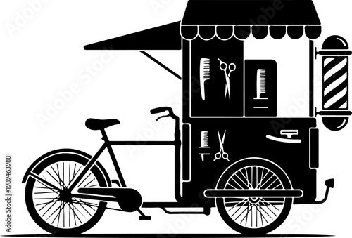 Barber shop, bicycle cart, mobile salon, black vector icon