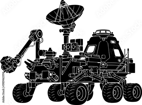 Mars Rover, Space Exploration Vehicle, Black Outline Illustration, Robotic Research, Planetary Science