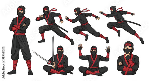 Ninja Warrior Poses Collection Dynamic Action And Static Stances.