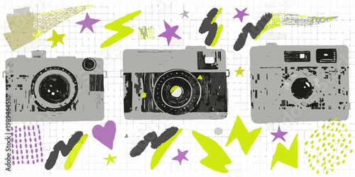 Stylized illustration featuring three vintage cameras with colorful abstract shapes
