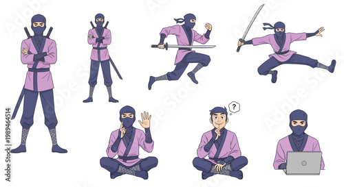 Ninja Character Set Pink and Blue Attire Poses.
