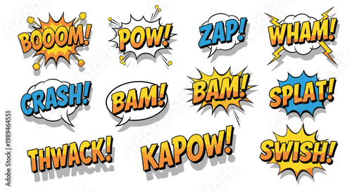 Colorful comic book speech bubbles with onomatopoeia sound effects