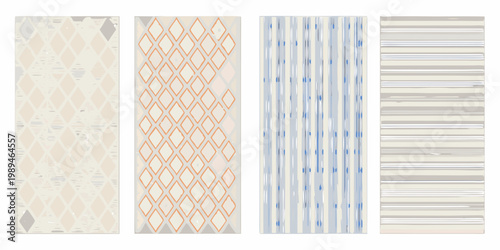 Four abstract patterned fabric swatches arranged in a horizontal row