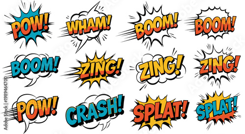 Colorful retro comic book onomatopoeia sound effects bubbles set