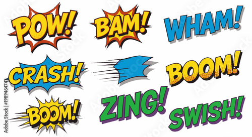 Colorful retro comic book sound effect bubbles set