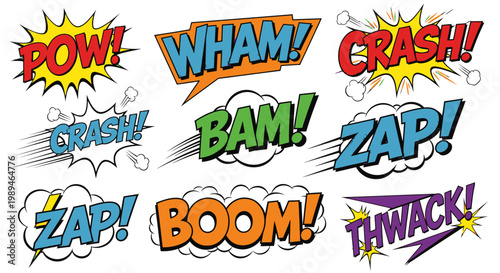 Colorful retro comic book sound effect explosion speech bubbles