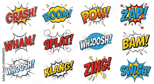 Colorful retro comic book sound effect speech bubbles set
