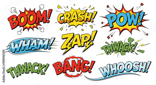 Colorful vintage comic book onomatopoeia sound effects and action bubbles