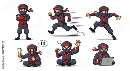 Ninja Character Set Poses Action And Emotion.
