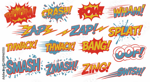 Comic book action sound effect bubbles on white background