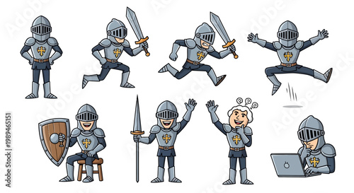 Set of cartoon knights in various poses and actions.