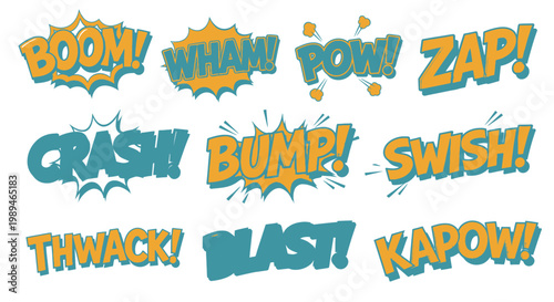 Comic book action sound effect bubbles with onomatopoeia text set