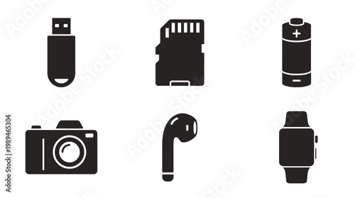 Black icons of electronic devices and gadgets on white background.