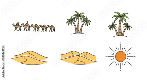 Desert landscape with camels and palm trees.