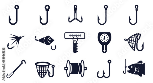 Fishing icons and equipment illustrations.