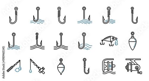 Fishing icons and line art symbols.