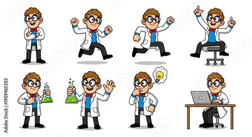 Cartoon Scientist Character Set In Various Poses.