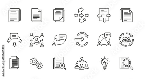 A comprehensive set of line icons illustrating document management, data processing, communication, collaboration, and business workflow concepts.