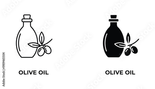 Olive oil bottle with branch icon set in linear and solid styles for culinary and healthy food product branding