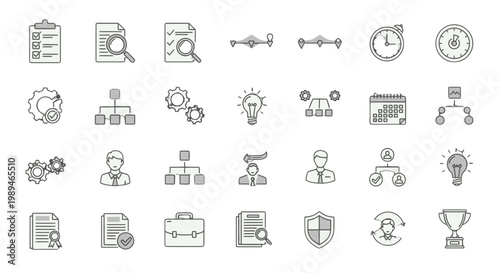 Collection of business and management line icons, including planning, analysis, organization, time, and success symbols.