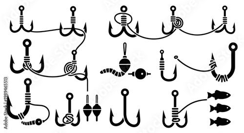 A collection of black silhouette fishing hooks, lines, knots, bobbers, and fish, illustrating various angling equipment and techniques.