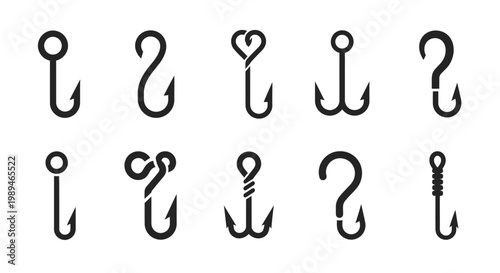 A collection of ten diverse black and white fishing hook icons and symbols, showcasing various designs and styles for angling and marine themes.