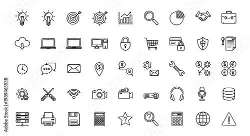 A collection of various line art icons representing business, technology, communication, and utility concepts.