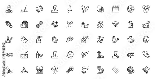 Allergies icon set. Medical vector icons pack. Includes symbols for pollen, food, skin reactions, doctor, test, and more. Editable thin line illustrations.