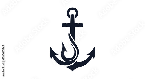 Stylized dark anchor with an integrated fishing hook design, representing marine adventure and stability.