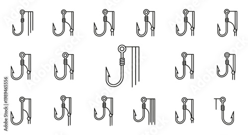 A collection of various fishing hook designs with lines, presented as black and white line art illustrations.