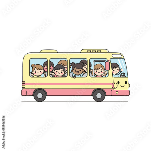 Yellow and pink school bus with cheerful children waving from windows
