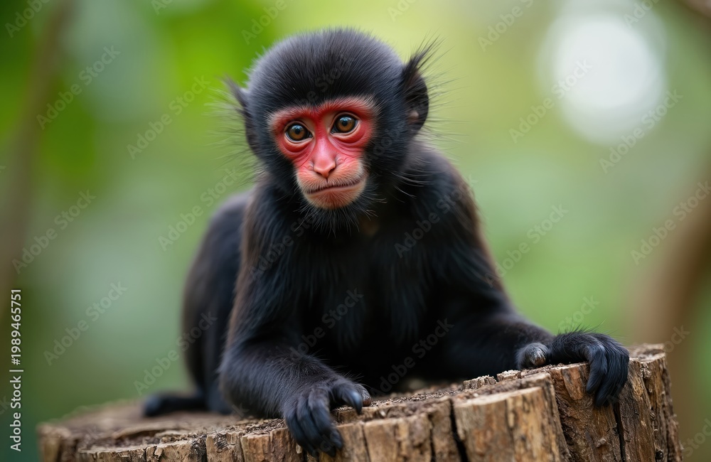 Fototapeta premium Young red-faced spider monkey sits on tree stump. Black furred primate has bright red face and curious eyes. Wildlife animal rests in jungle environment with blurred green background.